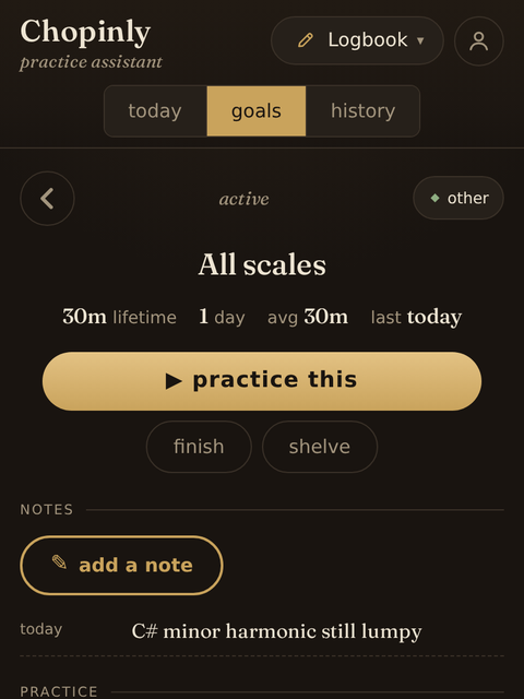 A goal page with lifetime minutes, notes and practice history