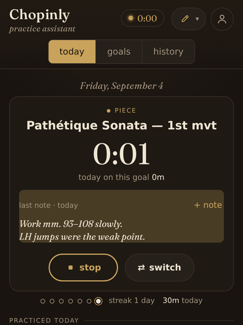 The Today screen with a clock running on a piece, its last note beneath